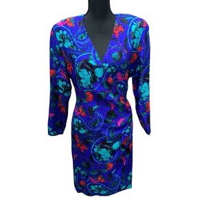 Silk Studio 1980's Floral‎ Midi Dress Size 8 100% Silk Purple Floral Long Sleeve